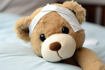 Sick teddy bear in bed with bandage on his head, Generative AI