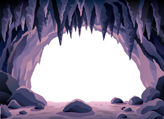 Cave landscape. Stone cave entrance with empty white space inside. Prehistoric dungeon entrance, rock cavern game illustration. Vector image of tunnel in mountain or mine in rocks