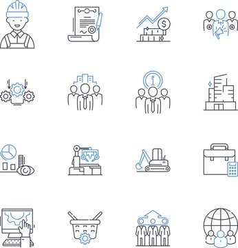Mechanized processes line icons collection. Automation, Robotics, Assembly, Production, Manufacture, Machining, Fabrication vector and linear illustration. Industrialization,Engineering,Welding