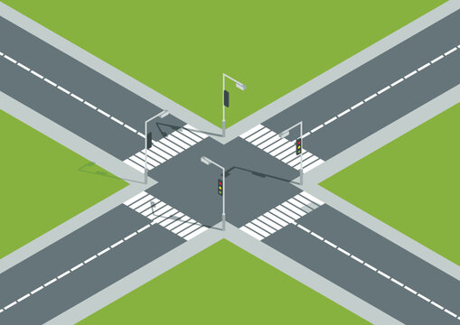 City crossroad isometric view with road markings, traffic lights pedestrian zebra crossing. Urban traffic map for transport, vector graphic design elements. Empty road without cars