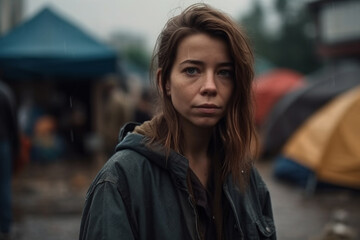 young adult woman lives in poverty or is on the run, lives in tents in a tent city, sadness and hopelessness with dirt and rainy weather. Generative AI