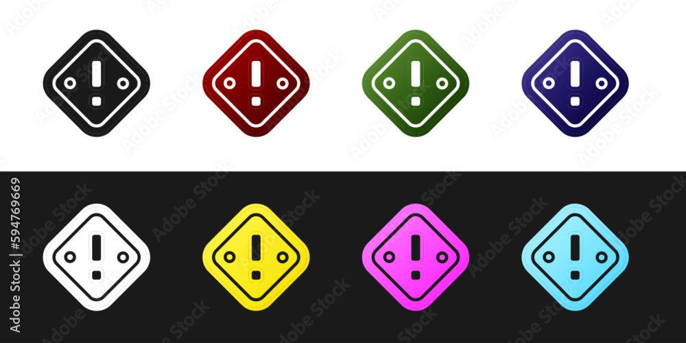 Poster set exclamation mark in triangle icon isolated on black and white background. hazard warning sign, c