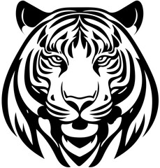 Tiger head mascot logo in black and white, vector illustration of predator, silhouette drawing 