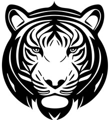 Tiger head mascot logo in black and white, vector illustration of predator, silhouette drawing 