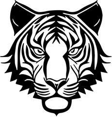 Tiger head mascot logo in black and white, vector illustration of predator, silhouette drawing 