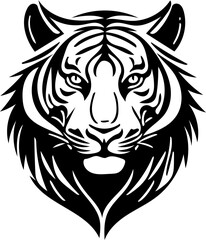 Tiger head mascot logo in black and white, vector illustration of predator, silhouette drawing 