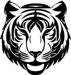 Tiger head mascot logo in black and white, vector illustration of predator, silhouette drawing 