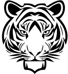 Tiger head mascot logo in black and white, vector illustration of predator, silhouette drawing 