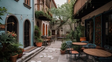 Fototapeta na wymiar bohemian coffee house exterior, french street vibe, with terrace patio. Generative AI