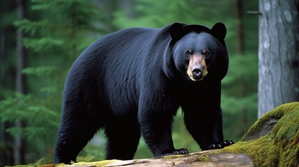 Obraz na płótnie Canvas a black bear standing on a log in a forest area. generative ai