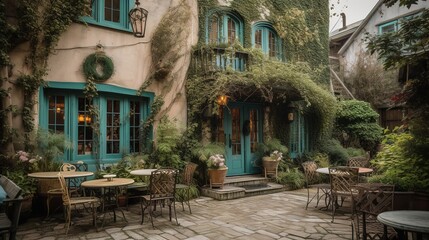 Obraz na płótnie Canvas bohemian coffee house exterior, french street vibe, with terrace patio. Generative AI