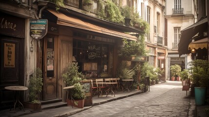 Obraz na płótnie Canvas bohemian coffee house exterior, french street vibe, with terrace patio. Generative AI