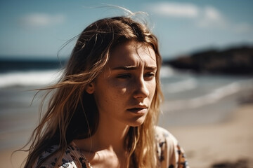young woman or teenager with confused or negatively bad facial expression and mood, on the beach, fictional place. Generative AI