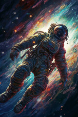 Fototapeta premium cyborg anime astronaut floating in space above a celestial body with many colors and psychedelic foreground