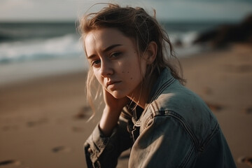 young woman or teenager with confused or negatively bad facial expression and mood, on the beach, fictional place. Generative AI