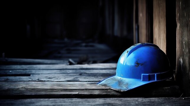  a blue hard hat sitting on top of a wooden floor.  generative ai