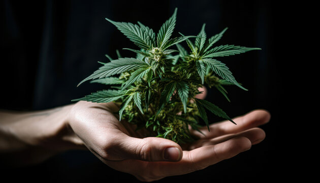 A marijuana plant held by a hand
