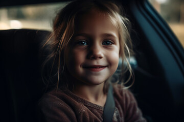 Fototapeta na wymiar toddler girl in car, car ride. Generative AI