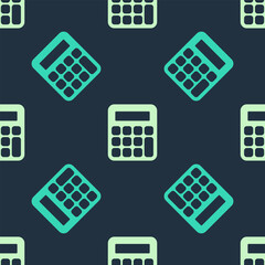 Green and beige Calculator icon isolated seamless pattern on blue background. Accounting symbol. Business calculations mathematics education and finance. Vector