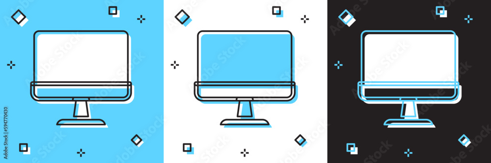 Poster set computer monitor screen icon isolated on blue and white, black background. electronic device. fr