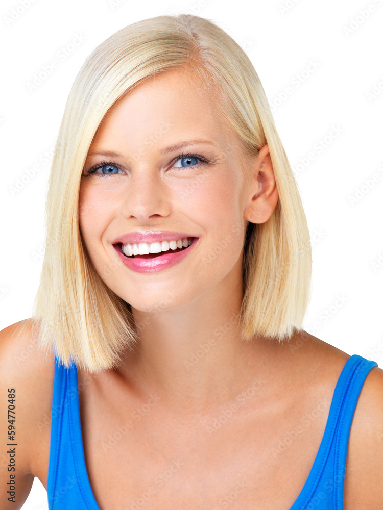 Canvas Prints Happy woman in portrait, face and smile with positive mindset and success isolated on transparent, png background. Beauty, glow and beautiful female in headshot with straight hair and happiness