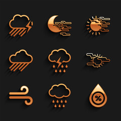 Set Cloud with rain and lightning, Water drop percentage, Fog sun, Wind and icon. Vector