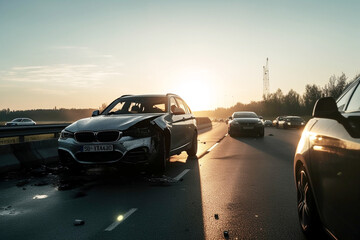 Fototapeta na wymiar car accident on busy interurban road, traffic accident between cars. Generative AI