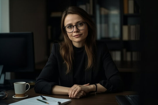 adult mature woman at the desk, in a suit, sitting in the office, wearing glasses, elegant workplace. Generative AI