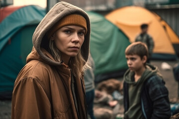 Fototapeta premium young family lives in poverty or is on the run, lives in tents in a tent city, sadness and hopelessness with dirt and rainy weather. Generative AI