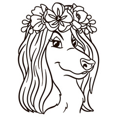 Cartoon afghan hound dog in floral crown. Cute baby animal nursery print.