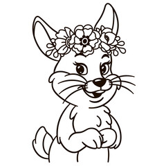 Cartoon baby bunny in floral crown. Cute baby animal nursery print.