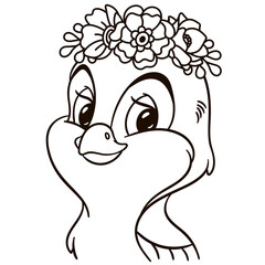 Cartoon canary bird in floral crown. Cute baby animal nursery print.