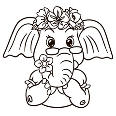 Cartoon elephant baby girl in floral crown. Cute baby animal nursery print.