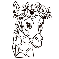 Cartoon giraffe in floral crown. Cute baby animal nursery print.