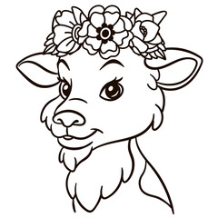 Cartoon baby goat in floral crown. Cute baby animal nursery print.