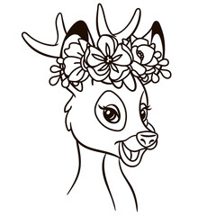 Cartoon young deer in floral crown. Cute baby animal nursery print.