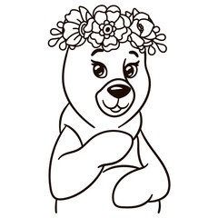 Cartoon baby bear in floral crown. Cute baby animal nursery print.