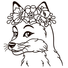 Cartoon fox in floral crown. Cute baby animal nursery print.
