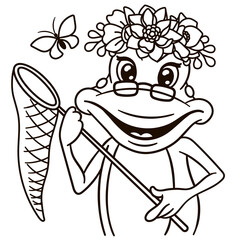 Cartoon frog in floral crown. Cute baby animal nursery print.