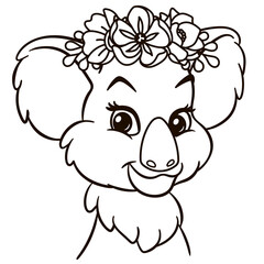 Cartoon baby koala in floral crown. Cute baby animal nursery print.