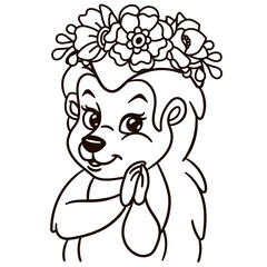 Cartoon baby hedgehog in floral crown. Cute baby animal nursery print.