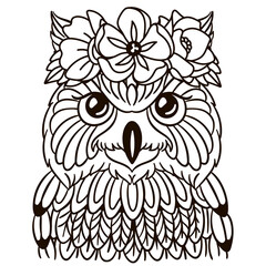 Cartoon owl in floral crown. Cute baby animal nursery print.