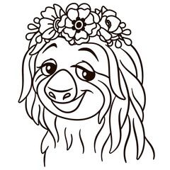 Cartoon baby sloth in floral crown. Cute baby animal nursery print.