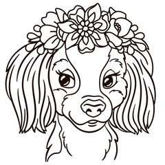 Cartoon spaniel dog in floral crown. Cute baby animal nursery print.