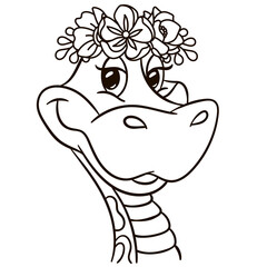 Cartoon baby snake in floral crown. Cute baby animal nursery print.