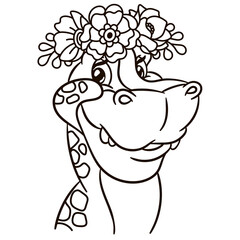 Cartoon tyrannosaurus rex dinosaur in floral crown. Cute baby animal nursery print.