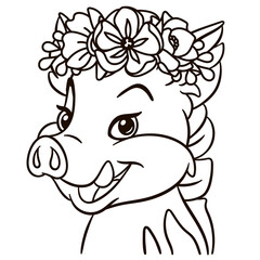 Cartoon baby boar in floral crown. Cute baby animal nursery print.