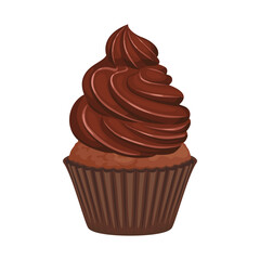 Chocolate cupcake with cream isolated on white background. Vector cartoon illustration of sweet dessert.