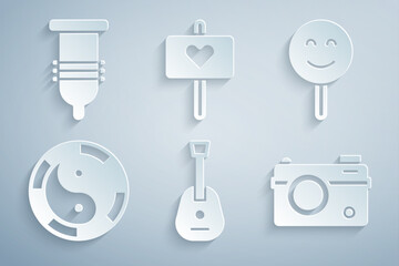 Set Guitar, Smile face, Yin Yang symbol, Photo camera, Peace and Condom icon. Vector