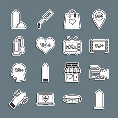 Set line Condom safe sex, Video camera with Sex, Play 18 plus, Shopping bag heart, content, Penis pump, Condoms and tv old television icon. Vector